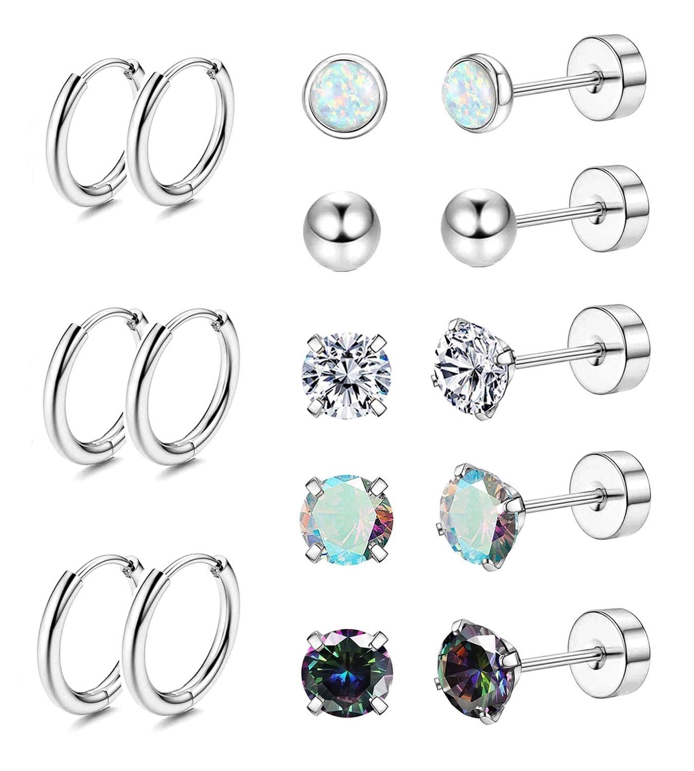 Jstyle Surgical Steel Earrings for Sensitive Ears Hypoallergenic 20G Stainless Steel Stud Hoop Earrings for Women Men Small Opal Ball CZ Surgical Steel Flat Back Earrings Cartilage Earrings Hoop Stud
