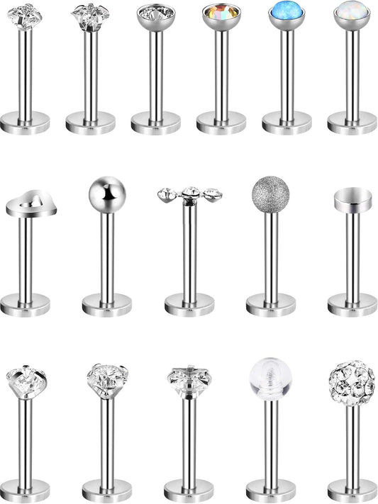 16 Pieces 16 G Labret Nose Studs Piercing Lips Stainless Steel Tragus Nose Assorted Design Piercing Jewelry for Women (Silver)