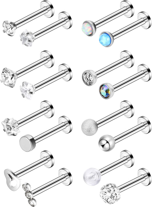 16 Pieces 16 G Labret Nose Studs Piercing Lips Stainless Steel Tragus Nose Assorted Design Piercing Jewelry for Women (Silver)