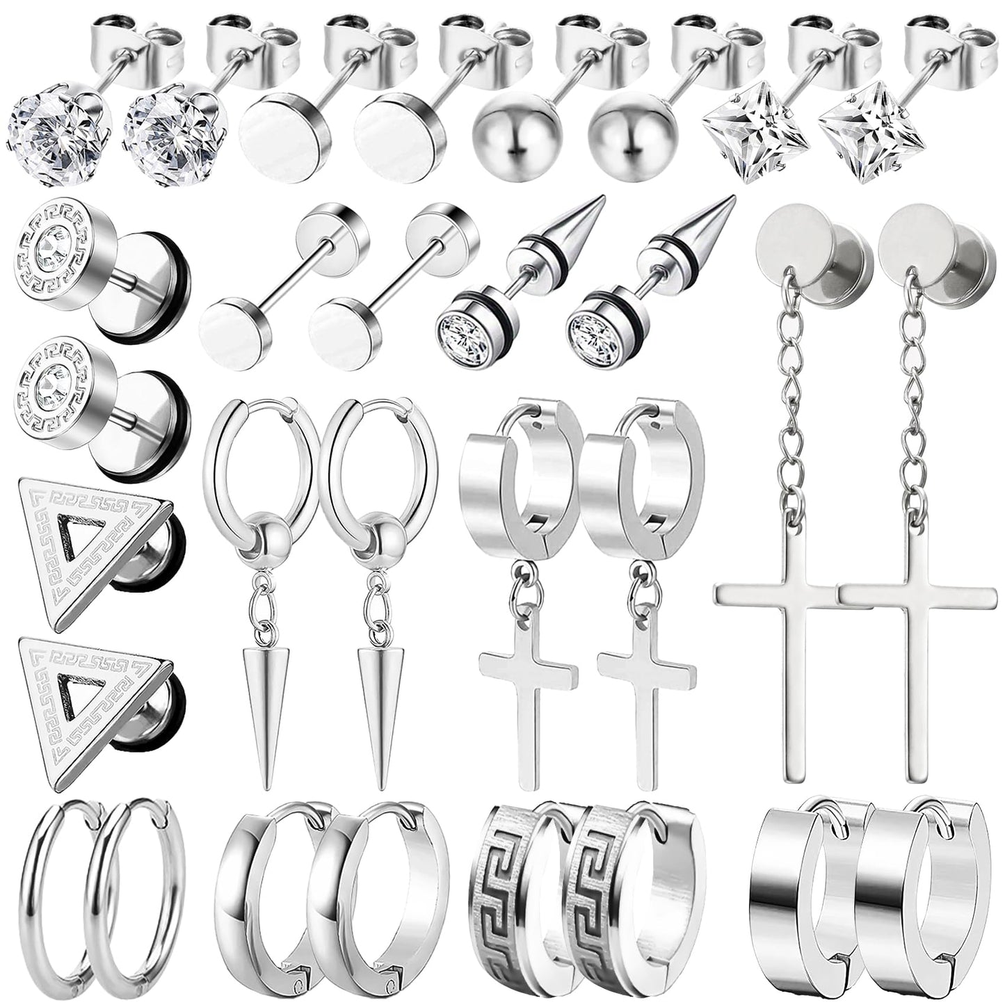15 Pairs Earrings for Men, Stainless Steel Earrings Stud Kit for Men Women Fashion Piercing Jewelry Cross Dangle Hoop Earrings Set
