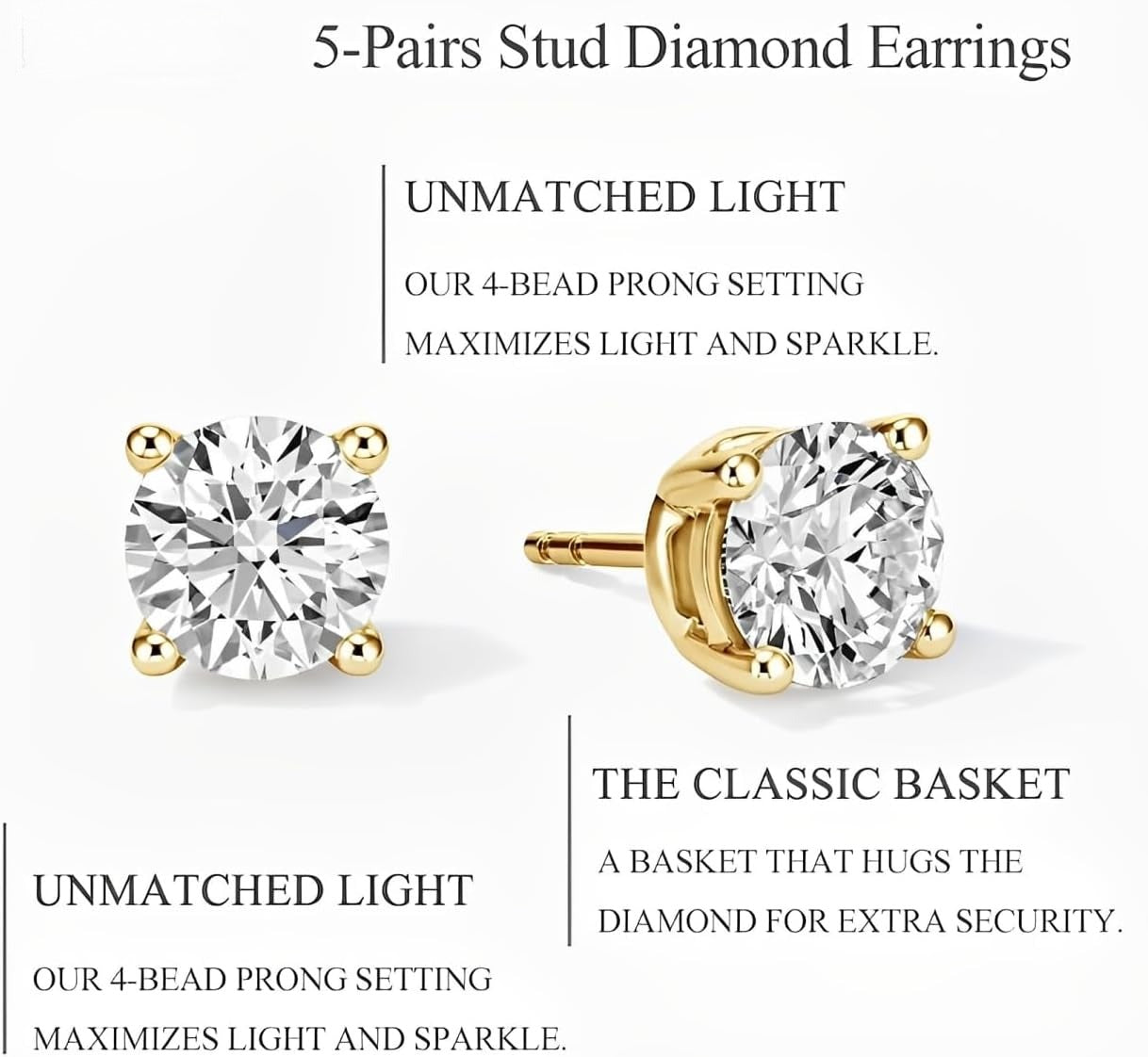 5 Pairs 14K Gold Plated Stud Earrings for Women, Hypoallergenic Earring Sets for Multiple Piercing, Premium Cubic Zirconia Studs Earrings for Women