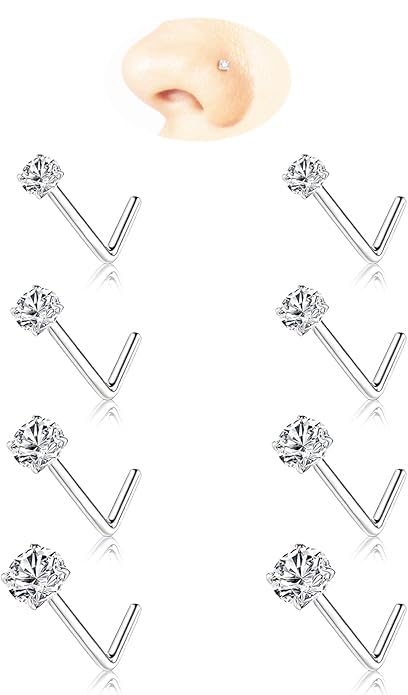 Nose Rings Studs: 8Pcs 20G/18G Gold/Silver 316L Stainless Steel Nose Studs Hypoallergenic Corkscrew Nose Piercing Jewelry for Women Men Clear Zircon Inlaid Top Size 1.5mm 2mm 2.5mm 3mm