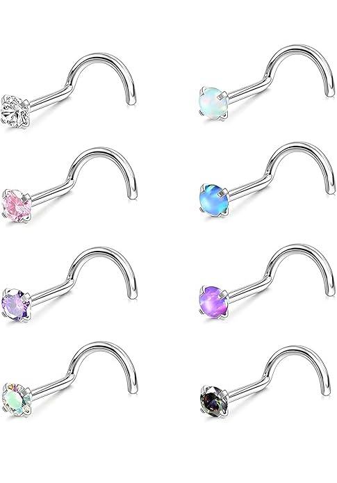 Nose Rings Studs: 8Pcs 20G/18G Gold/Silver 316L Stainless Steel Nose Studs Hypoallergenic Corkscrew Nose Piercing Jewelry for Women Men Clear Zircon Inlaid Top Size 1.5mm 2mm 2.5mm 3mm