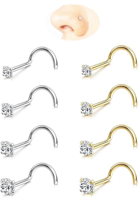 Nose Rings Studs: 8Pcs 20G/18G Gold/Silver 316L Stainless Steel Nose Studs Hypoallergenic Corkscrew Nose Piercing Jewelry for Women Men Clear Zircon Inlaid Top Size 1.5mm 2mm 2.5mm 3mm