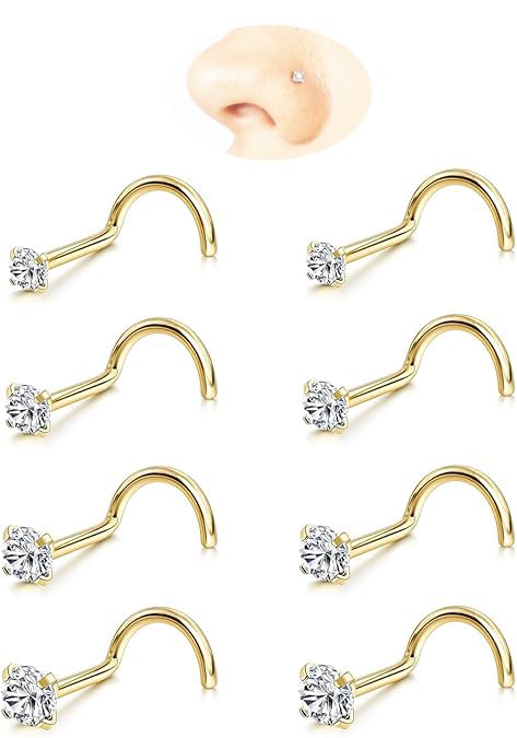 Nose Rings Studs: 8Pcs 20G/18G Gold/Silver 316L Stainless Steel Nose Studs Hypoallergenic Corkscrew Nose Piercing Jewelry for Women Men Clear Zircon Inlaid Top Size 1.5mm 2mm 2.5mm 3mm