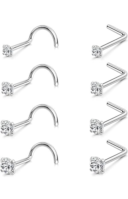 Nose Rings Studs: 8Pcs 20G/18G Gold/Silver 316L Stainless Steel Nose Studs Hypoallergenic Corkscrew Nose Piercing Jewelry for Women Men Clear Zircon Inlaid Top Size 1.5mm 2mm 2.5mm 3mm