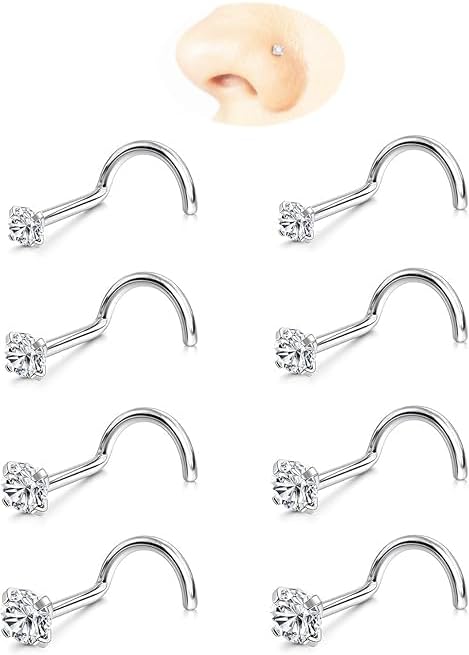 Nose Rings Studs: 8Pcs 20G/18G Gold/Silver 316L Stainless Steel Nose Studs Hypoallergenic Corkscrew Nose Piercing Jewelry for Women Men Clear Zircon Inlaid Top Size 1.5mm 2mm 2.5mm 3mm