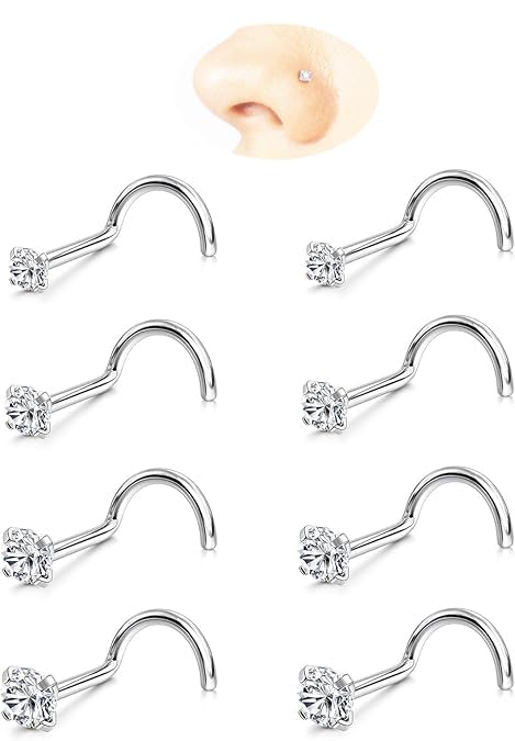Nose Rings Studs: 8Pcs 20G/18G Gold/Silver 316L Stainless Steel Nose Studs Hypoallergenic Corkscrew Nose Piercing Jewelry for Women Men Clear Zircon Inlaid Top Size 1.5mm 2mm 2.5mm 3mm