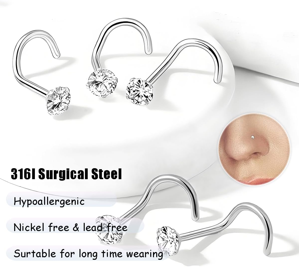 Nose Rings Studs: 8Pcs 20G/18G Gold/Silver 316L Stainless Steel Nose Studs Hypoallergenic Corkscrew Nose Piercing Jewelry for Women Men Clear Zircon Inlaid Top Size 1.5mm 2mm 2.5mm 3mm