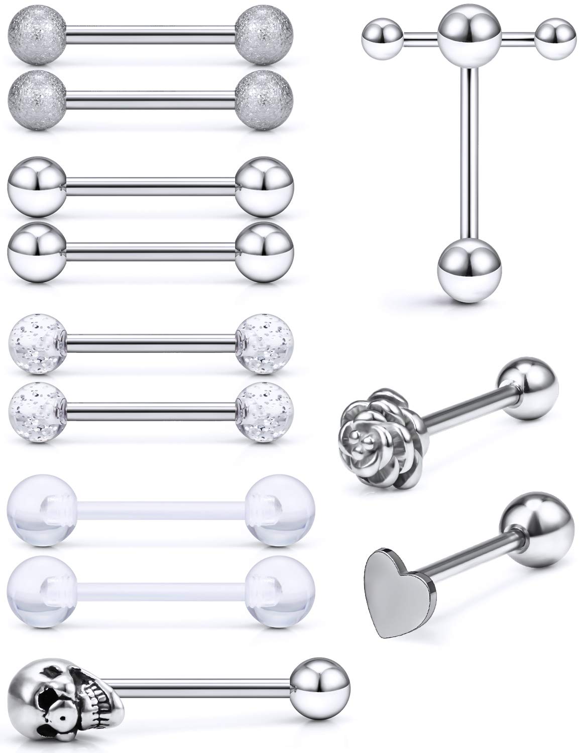 5/8in(16mm) L, 14G Tongue Piercing Barbells Multicolor Surgical Stainless Steel Long Nipple Piercing Barbells Body Jewelry for Women