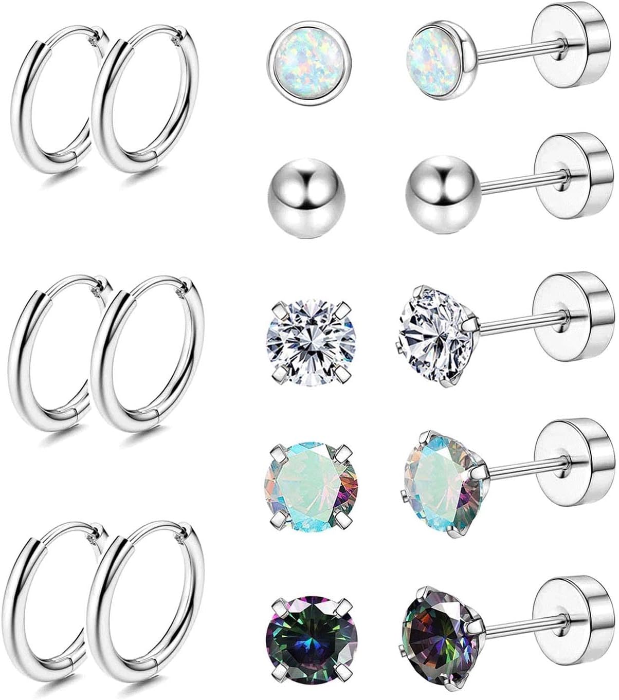 Jstyle Surgical Steel Earrings for Sensitive Ears Hypoallergenic 20G Stainless Steel Stud Hoop Earrings for Women Men Small Opal Ball CZ Surgical Steel Flat Back Earrings Cartilage Earrings Hoop Stud