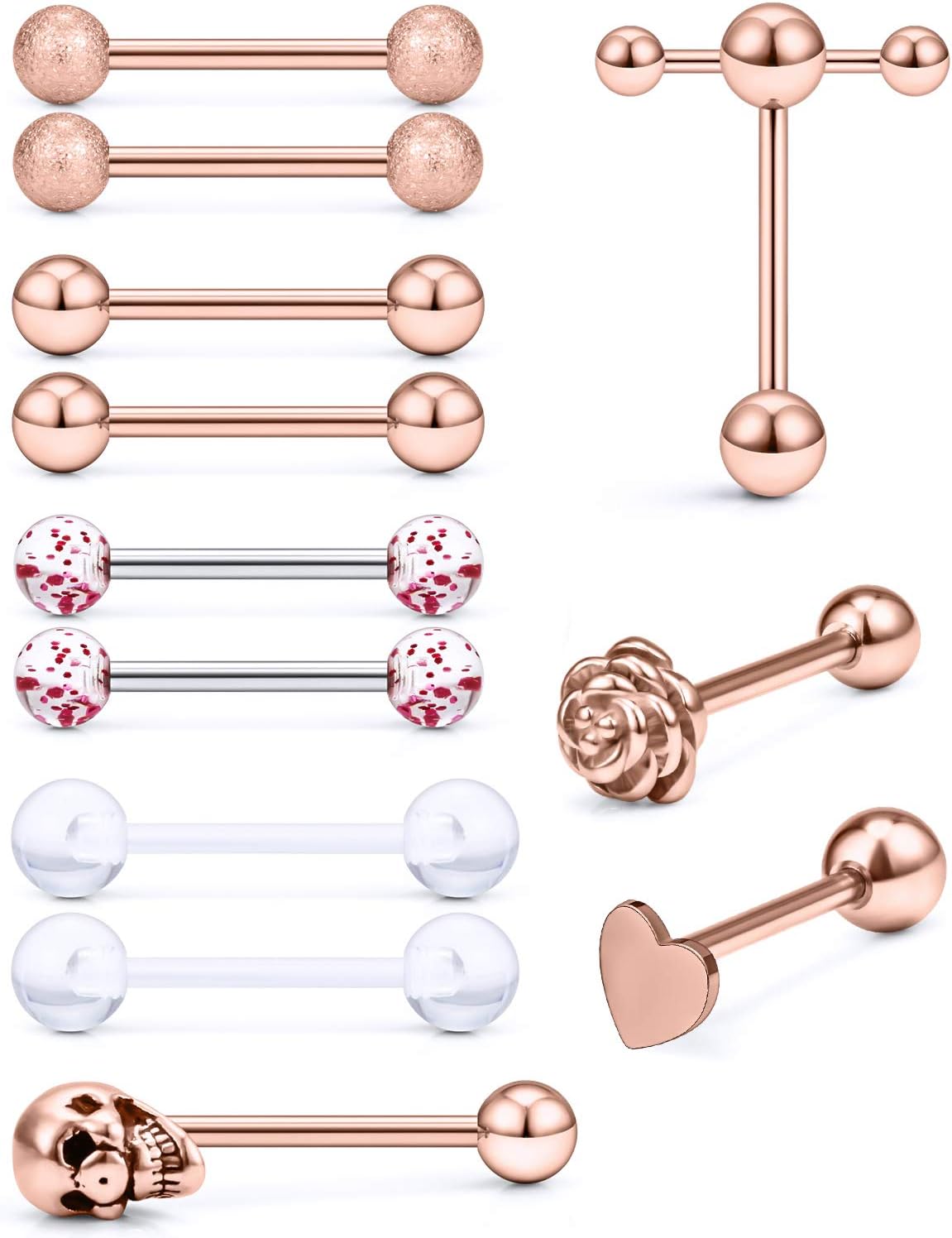 5/8in(16mm) L, 14G Tongue Piercing Barbells Multicolor Surgical Stainless Steel Long Nipple Piercing Barbells Body Jewelry for Women
