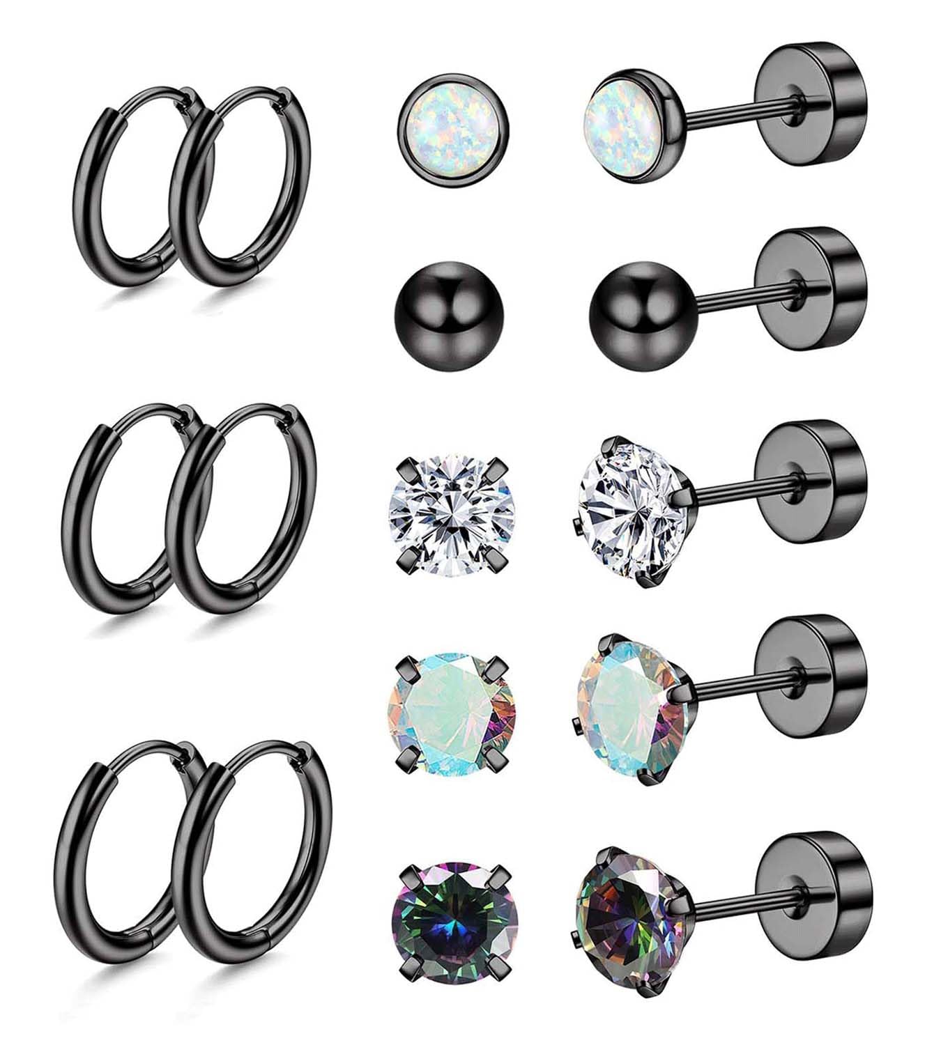 Jstyle Surgical Steel Earrings for Sensitive Ears Hypoallergenic 20G Stainless Steel Stud Hoop Earrings for Women Men Small Opal Ball CZ Surgical Steel Flat Back Earrings Cartilage Earrings Hoop Stud
