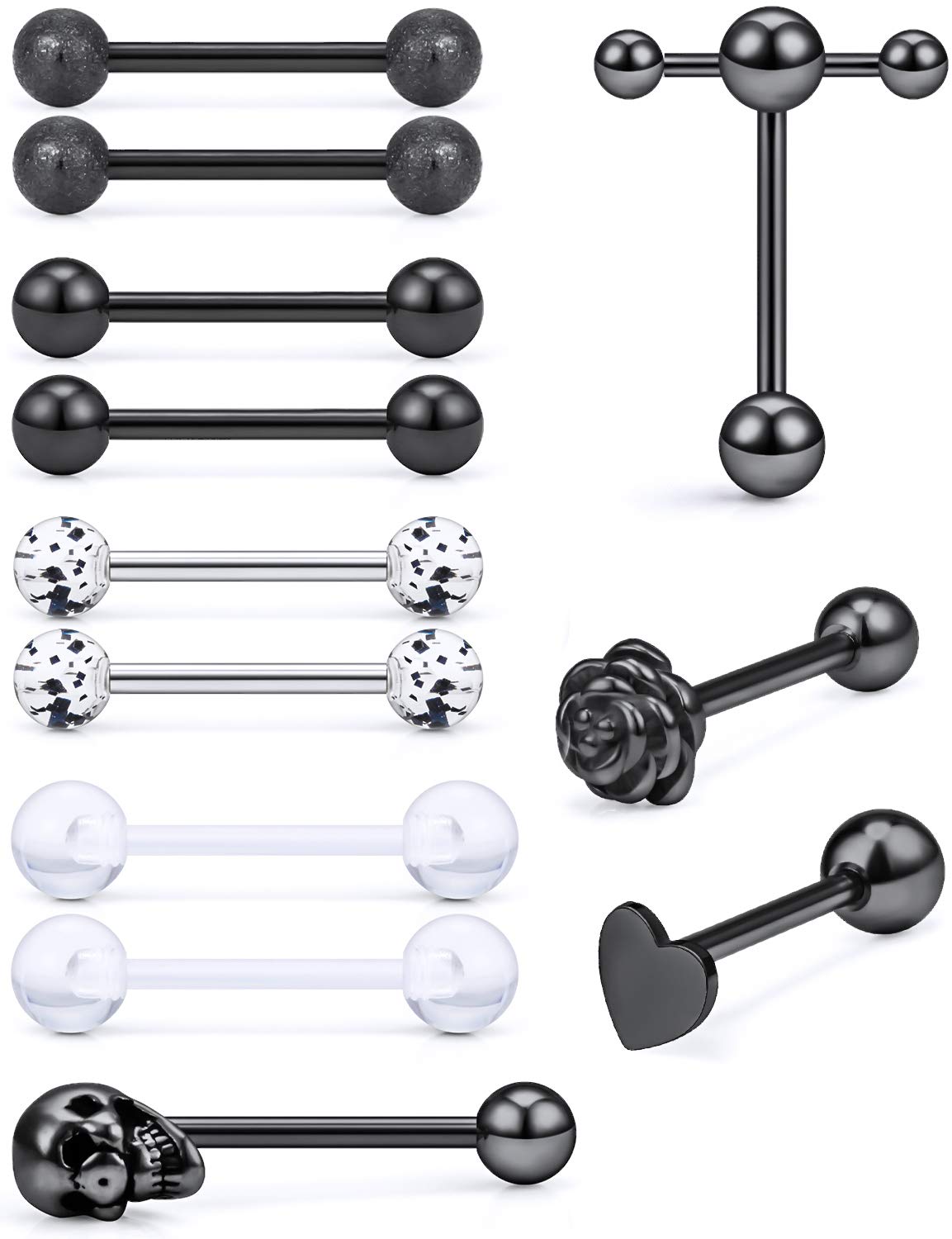 5/8in(16mm) L, 14G Tongue Piercing Barbells Multicolor Surgical Stainless Steel Long Nipple Piercing Barbells Body Jewelry for Women