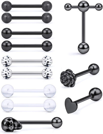 5/8in(16mm) L, 14G Tongue Piercing Barbells Multicolor Surgical Stainless Steel Long Nipple Piercing Barbells Body Jewelry for Women