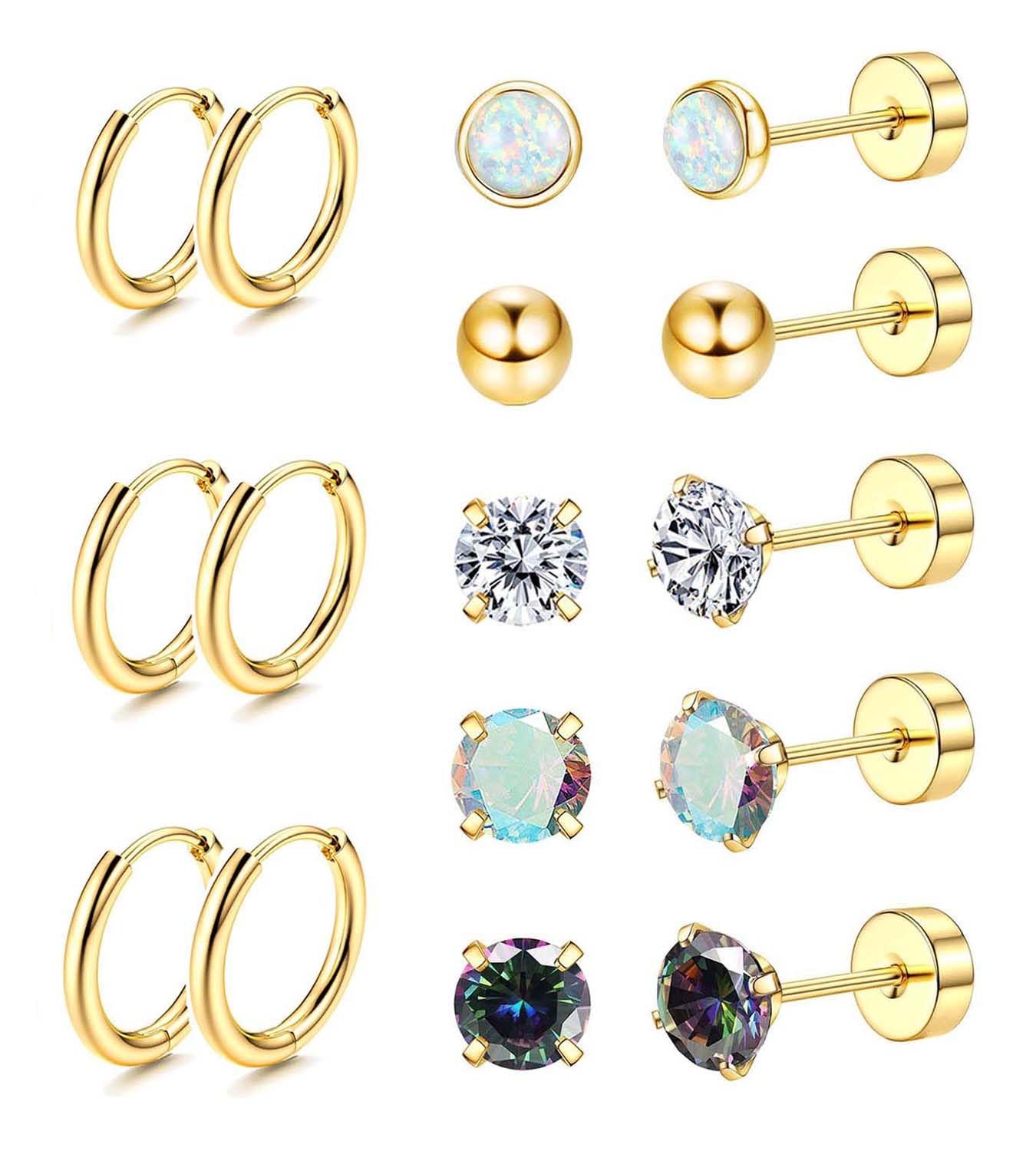 Jstyle Surgical Steel Earrings for Sensitive Ears Hypoallergenic 20G Stainless Steel Stud Hoop Earrings for Women Men Small Opal Ball CZ Surgical Steel Flat Back Earrings Cartilage Earrings Hoop Stud
