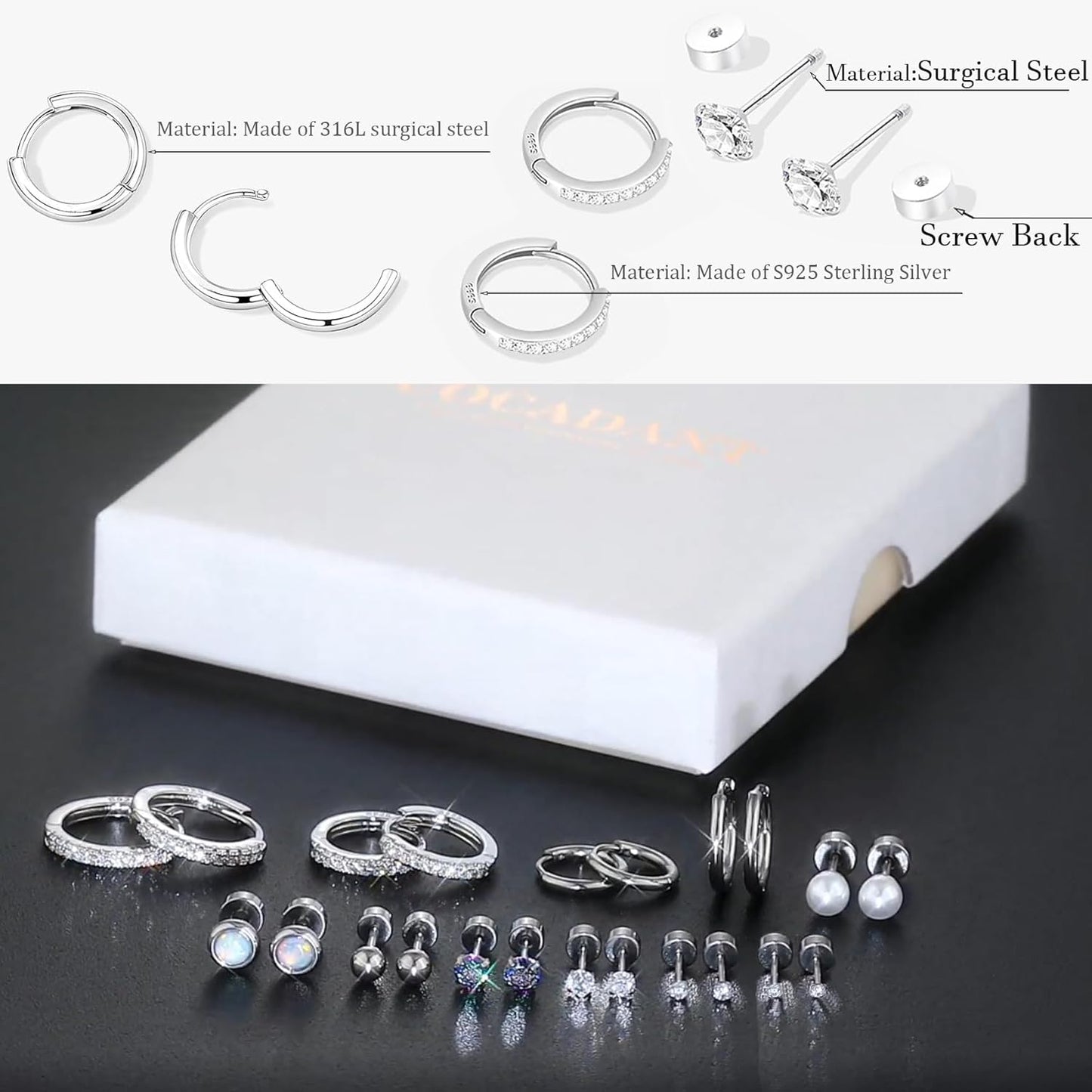 Surgical Steel Flat Back Earrings Set for Multiple Piercing Sensitive Ears,Sterling Silver Hypoallergenic Small Cartilage Huggie Hoop Earrings Titanium Tiny CZ Pearl Opal Stud Earrings for Women