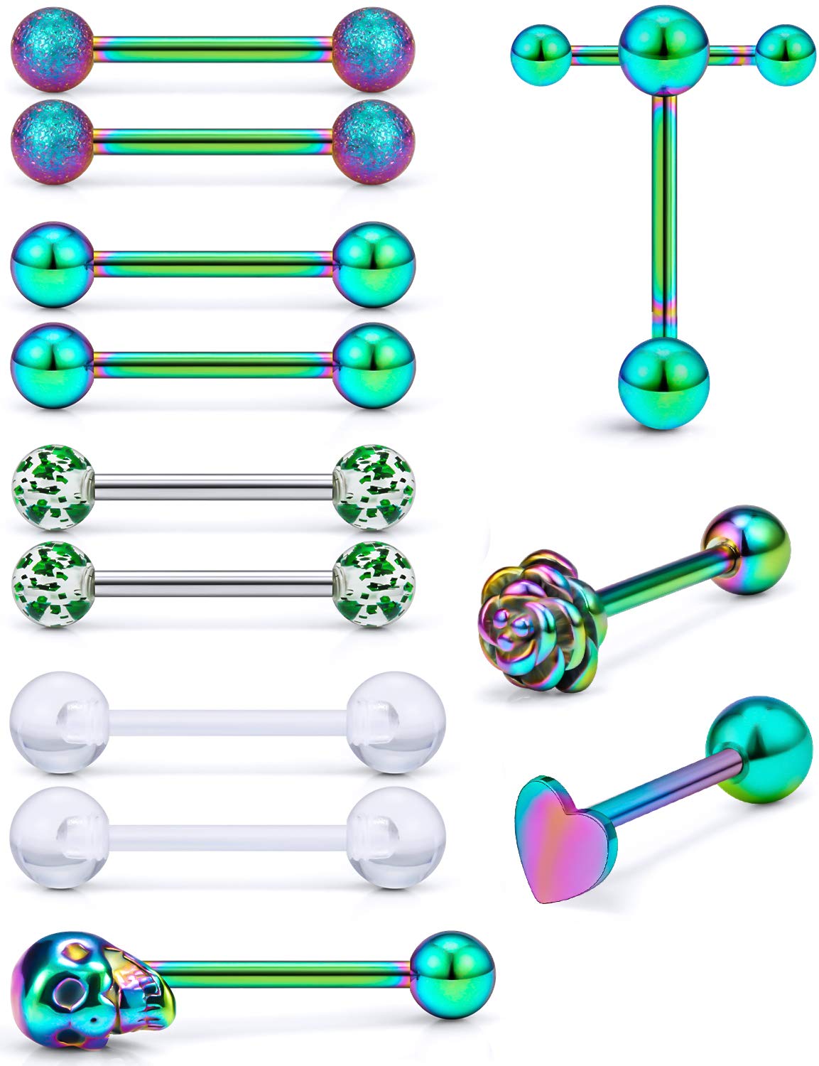 5/8in(16mm) L, 14G Tongue Piercing Barbells Multicolor Surgical Stainless Steel Long Nipple Piercing Barbells Body Jewelry for Women