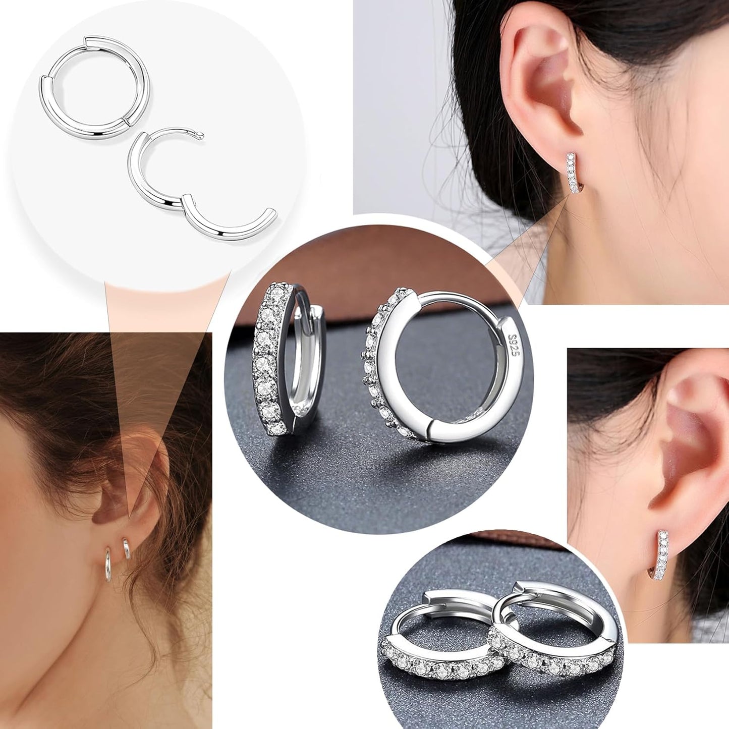 Surgical Steel Flat Back Earrings Set for Multiple Piercing Sensitive Ears,Sterling Silver Hypoallergenic Small Cartilage Huggie Hoop Earrings Titanium Tiny CZ Pearl Opal Stud Earrings for Women