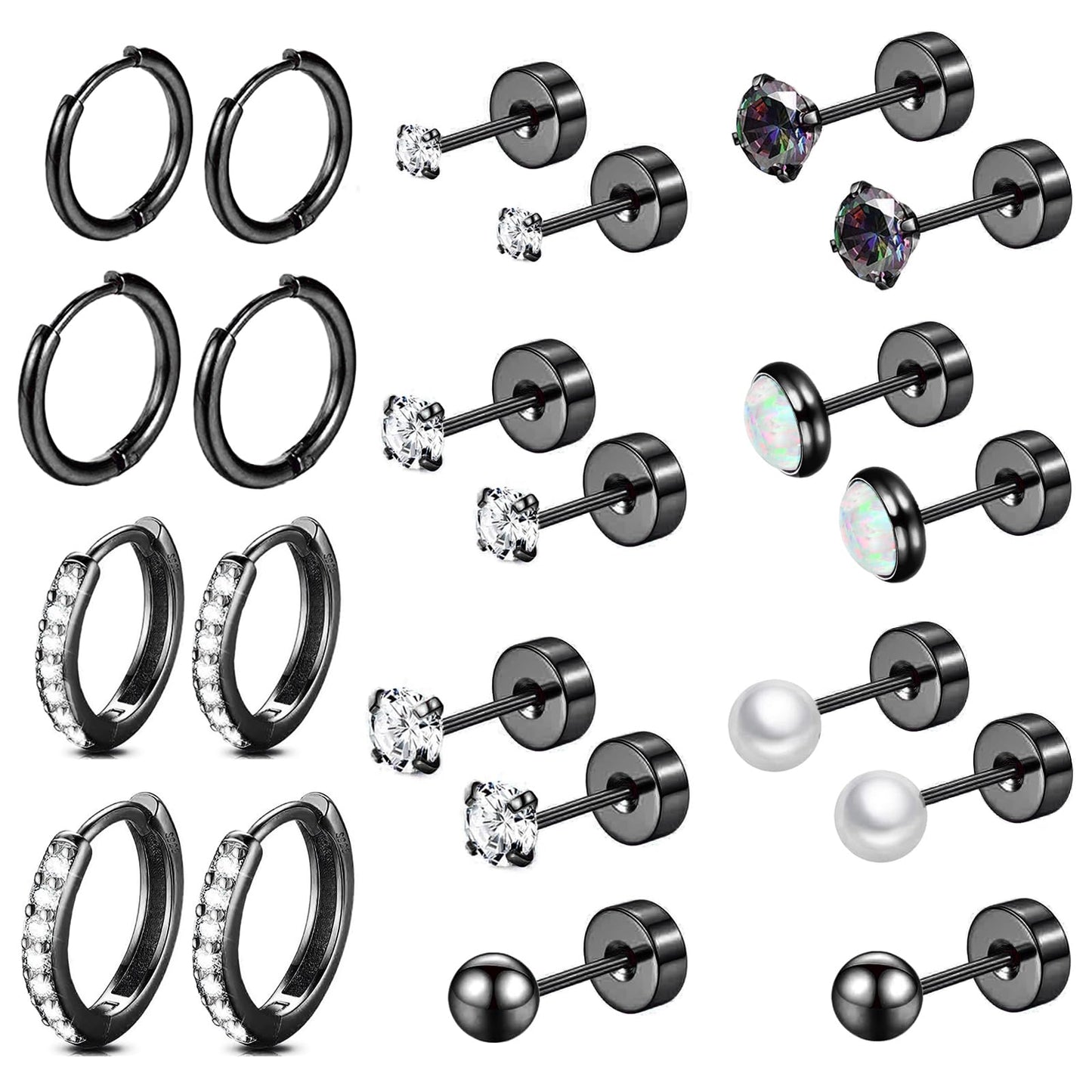 Surgical Steel Flat Back Earrings Set for Multiple Piercing Sensitive Ears,Sterling Silver Hypoallergenic Small Cartilage Huggie Hoop Earrings Titanium Tiny CZ Pearl Opal Stud Earrings for Women