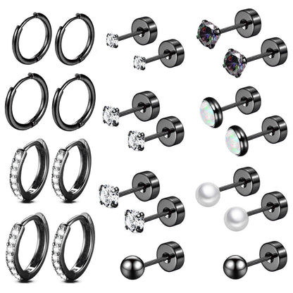 Surgical Steel Flat Back Earrings Set for Multiple Piercing Sensitive Ears,Sterling Silver Hypoallergenic Small Cartilage Huggie Hoop Earrings Titanium Tiny CZ Pearl Opal Stud Earrings for Women