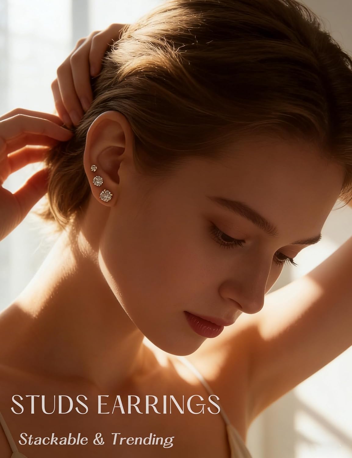 5 Pairs 14K Gold Plated Stud Earrings for Women, Hypoallergenic Earring Sets for Multiple Piercing, Premium Cubic Zirconia Studs Earrings for Women