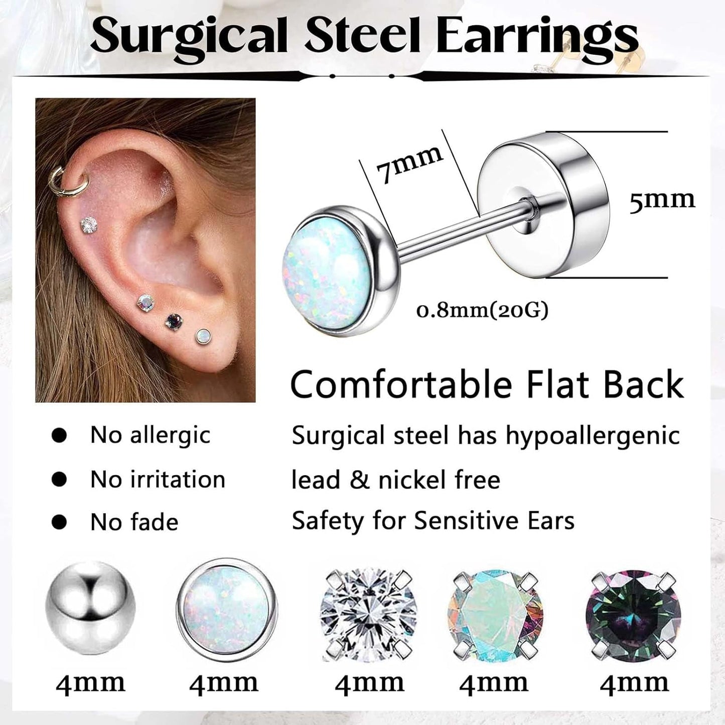 Jstyle Surgical Steel Earrings for Sensitive Ears Hypoallergenic 20G Stainless Steel Stud Hoop Earrings for Women Men Small Opal Ball CZ Surgical Steel Flat Back Earrings Cartilage Earrings Hoop Stud