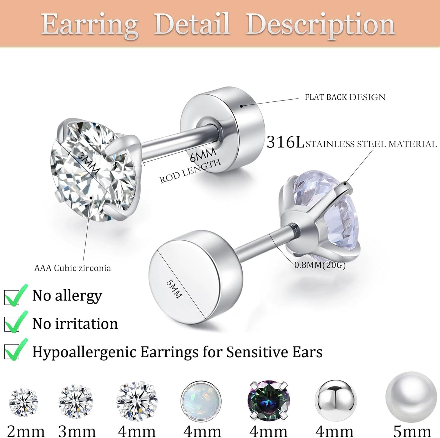 Surgical Steel Flat Back Earrings Set for Multiple Piercing Sensitive Ears,Sterling Silver Hypoallergenic Small Cartilage Huggie Hoop Earrings Titanium Tiny CZ Pearl Opal Stud Earrings for Women