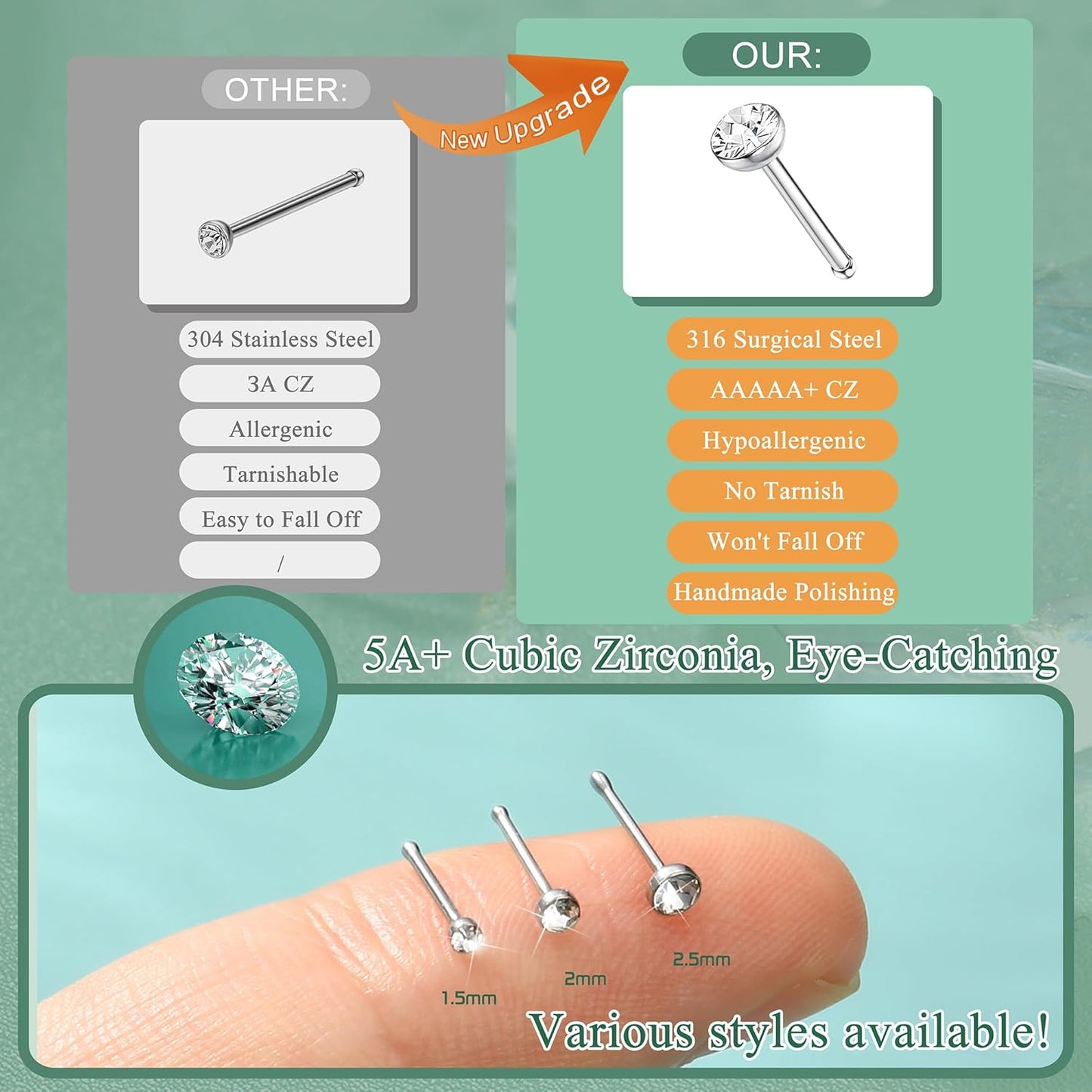 Straight L Shaped Stainless Steel Nose Studs Rings Piercing Body Jewelry 20G-22G 1.5mm 2mm 2.5mm