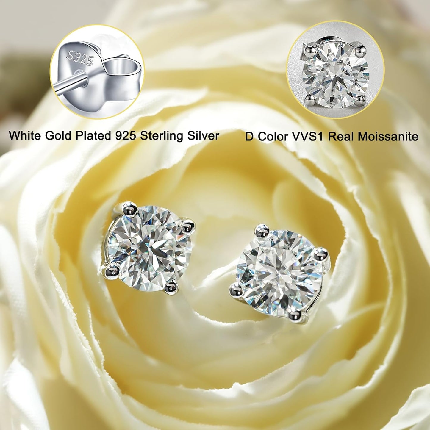 1/2/3ct Moissanite Stud Earrings for Women 925 Sterling Silver Hypoallergenic Butterfly Back 1 Pair DEF Color Lab Created Brilliant Round Moissanite Earrings