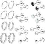 Surgical Steel Flat Back Earrings Set for Multiple Piercing Sensitive Ears,Sterling Silver Hypoallergenic Small Cartilage Huggie Hoop Earrings Titanium Tiny CZ Pearl Opal Stud Earrings for Women