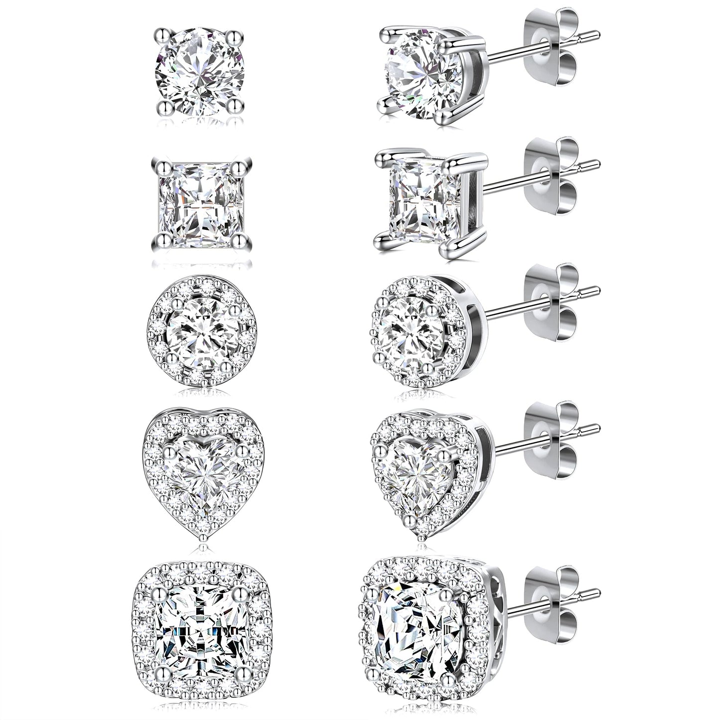5 Pairs 14K Gold Plated Stud Earrings for Women, Hypoallergenic Earring Sets for Multiple Piercing, Premium Cubic Zirconia Studs Earrings for Women