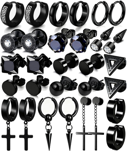 15 Pairs Earrings for Men, Stainless Steel Earrings Stud Kit for Men Women Fashion Piercing Jewelry Cross Dangle Hoop Earrings Set