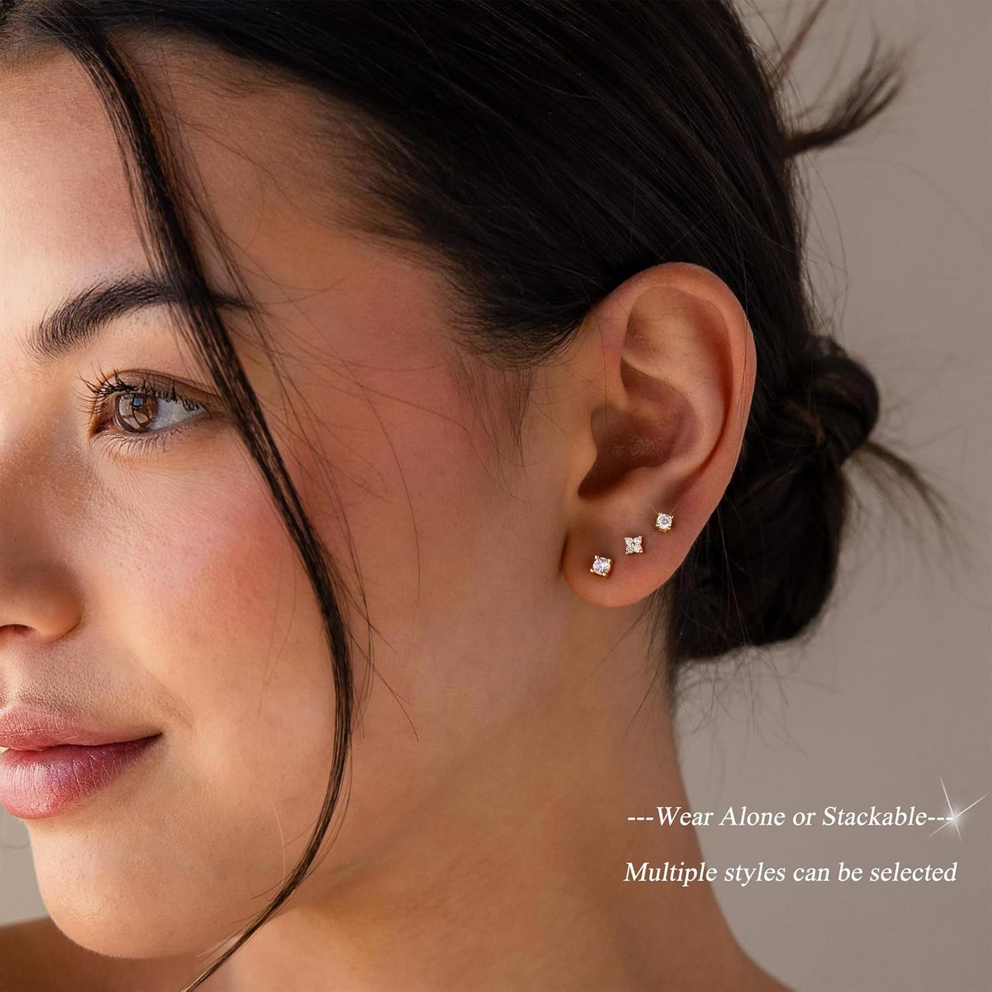 5 Pairs 14K Gold Plated Stud Earrings for Women, Hypoallergenic Earring Sets for Multiple Piercing, Premium Cubic Zirconia Studs Earrings for Women