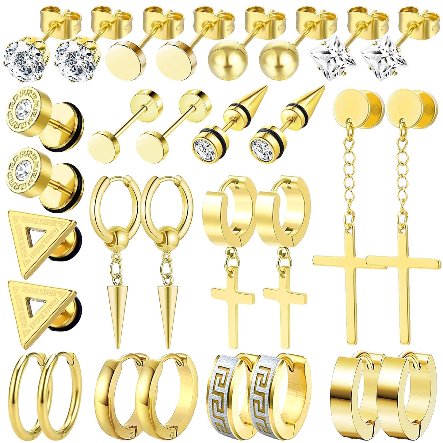 15 Pairs Earrings for Men, Stainless Steel Earrings Stud Kit for Men Women Fashion Piercing Jewelry Cross Dangle Hoop Earrings Set