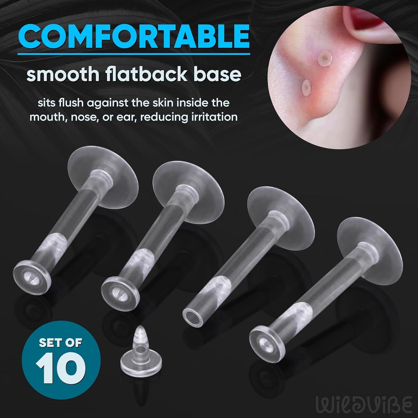 Clear Piercing Retainers, Flat Push-In Plastic Studs for Sports Work School and Medical Use, Suitable for Ear Cartilage Helix Tragus Lip Medusa Monroe, 16G 18G